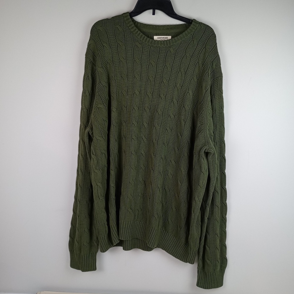 Goodthreads Mens XXXL Green Cable Knit 100% Cotton Crewneck Pullover Sweater